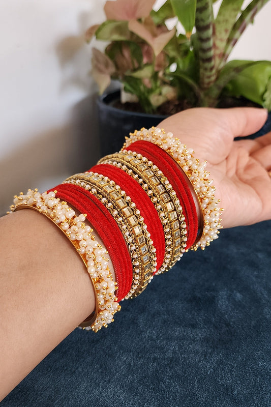 Scarlet Spark: Red Bangles with Pearl & Gold Detailing
