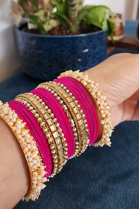 Rosy Radiance: Pink Bangles with Pearl & Gold Elegance