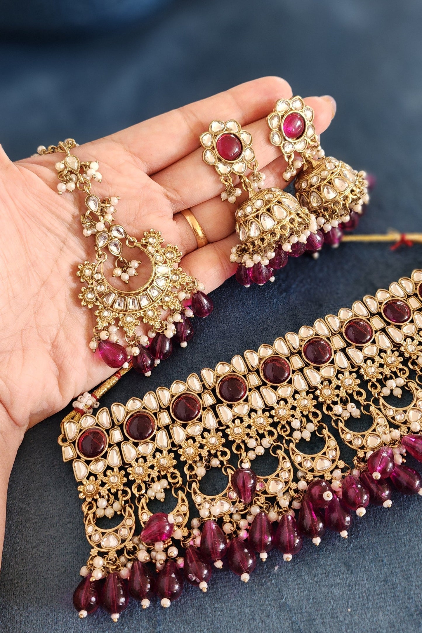 3 Piece Royal Purple Gold Jewelry Set with Choker and Earrings