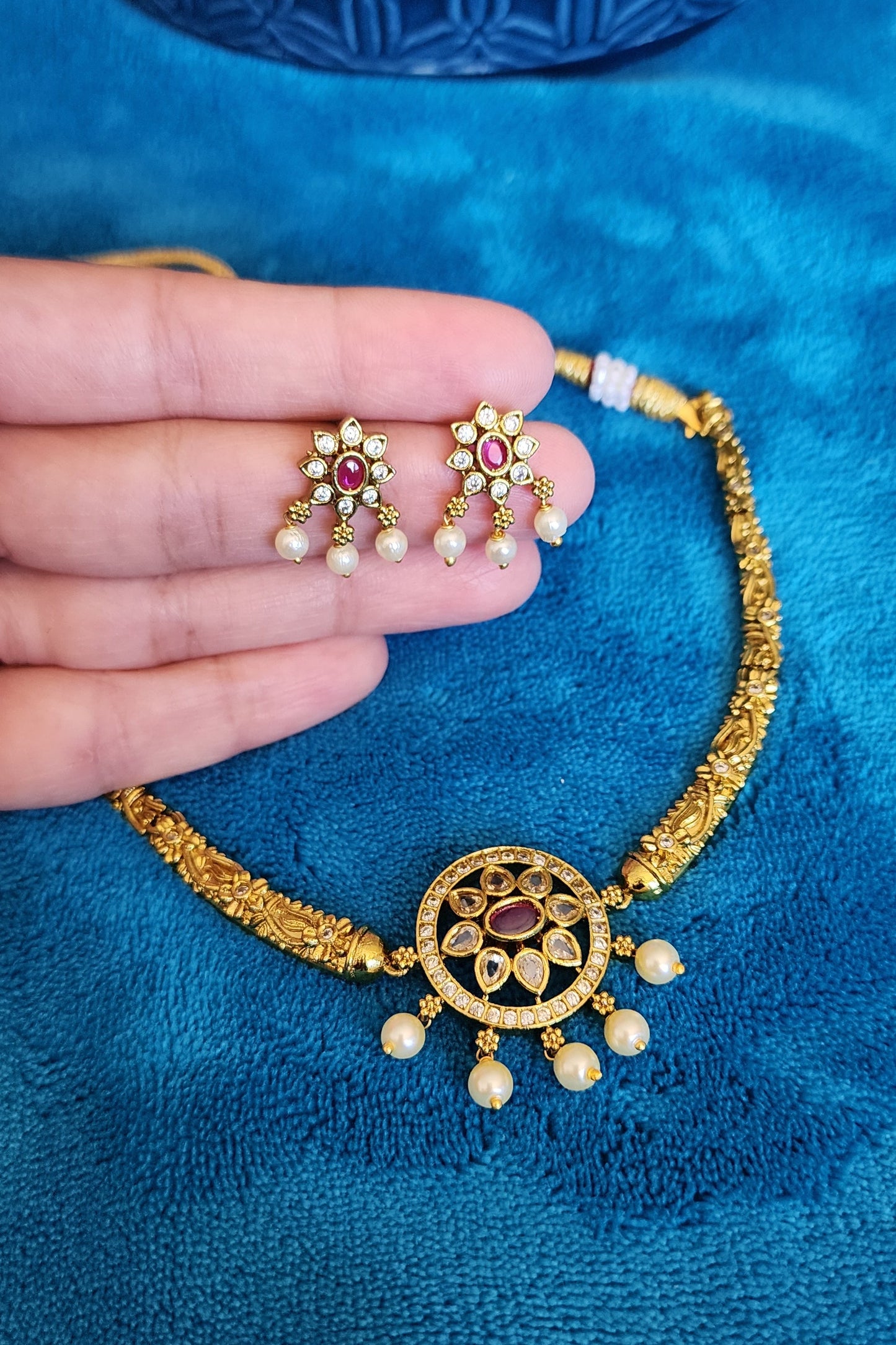 Gold Pearl Drop Necklace & Earring Set